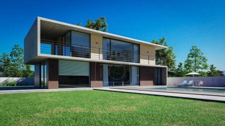 Foto de Vista de día de la moderna casa de dos pisos diseñada con patio de hierba y piscina, renderizado 3d - Imagen libre de derechos