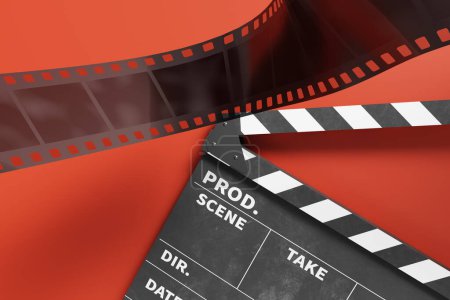 Foto de Fondo mínimo con el clapperboard de la película y la película, representación 3d - Imagen libre de derechos