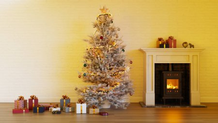 Photo for Christmas trees and gift boxes in the living room with white brick walls and fireplaces, 3d rendering - Royalty Free Image