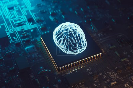 Photo for Background of artificial intelligence brain floating hologram on AI semiconductor chip, 3d rendering - Royalty Free Image