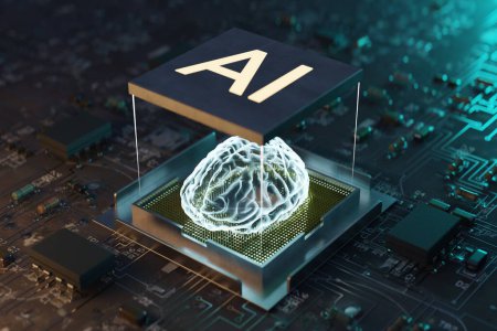 Foto de Un trasfondo en el que el cerebro de inteligencia artificial es visto como un holograma dentro de los semiconductores de IA aplicados a la tecnología de IA, 3d rendering - Imagen libre de derechos