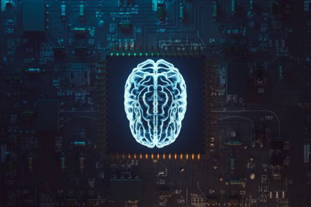 Foto de Antecedentes del holograma flotante cerebral de inteligencia artificial en chip semiconductor AI, renderizado 3d - Imagen libre de derechos