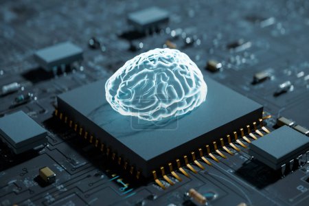 Foto de Antecedentes del cerebro AI flotando en el holograma en el chip semiconductor aplicado a la tecnología AI - Imagen libre de derechos