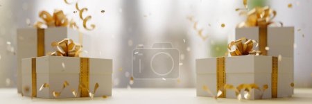 Téléchargez les photos : Coffret cadeau blanc avec ruban doré fond noué, rendu 3d - en image libre de droit