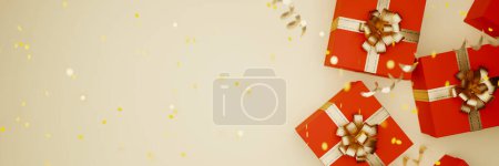 Téléchargez les photos : Boîte cadeau rouge avec ruban d'or attaché fond, rendu 3d - en image libre de droit