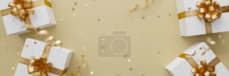 Foto de Caja de regalo blanca con cinta dorada atada fondo, 3d renderizado - Imagen libre de derechos