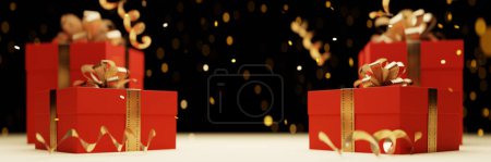 Téléchargez les photos : Boîte cadeau rouge avec ruban d'or attaché fond, rendu 3d - en image libre de droit