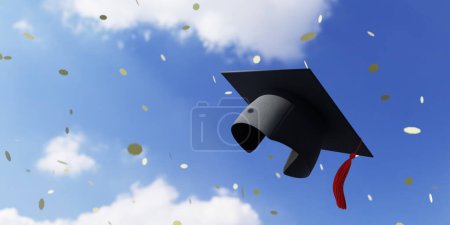 Foto de El fondo de la gorra de graduación volando contra el cielo en la ceremonia de graduación, 3d representación - Imagen libre de derechos