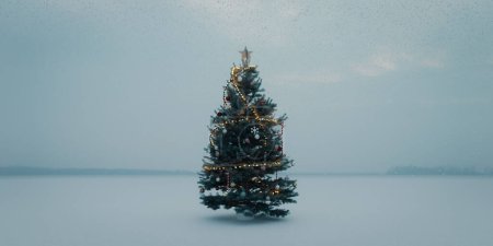 Téléchargez les photos : Un sapin de Noël rêveur seul dans une forêt enneigée et brumeuse, rendu 3D - en image libre de droit