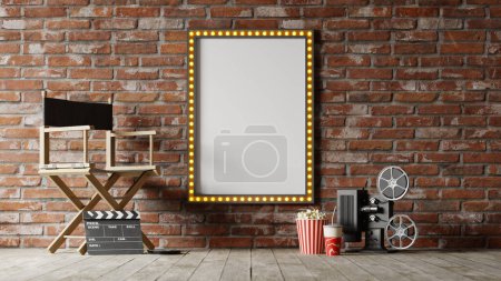 Téléchargez les photos : Une affiche de film avec une ampoule au bord est fixée au mur de briques, rendu 3d - en image libre de droit