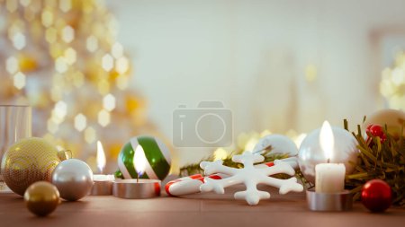 Téléchargez les photos : Un fond avec des bougies et plusieurs décorations de Noël sur la table, rendu 3d - en image libre de droit
