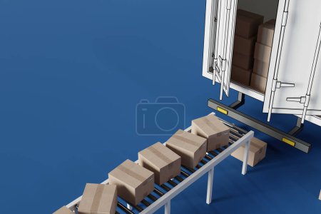 Foto de Las cajas de entrega se mueven en una cinta transportadora para distribución logística, renderizado 3D - Imagen libre de derechos
