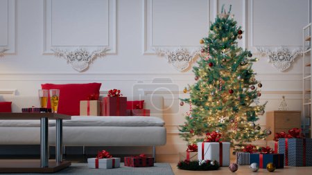 Téléchargez les photos : Arbre de Noël décoration fond de salon, rendu 3d - en image libre de droit