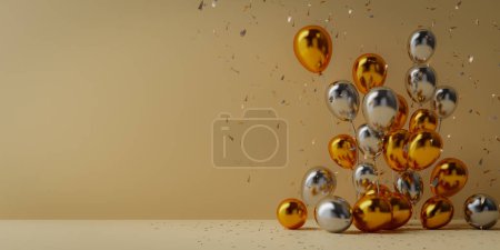 Téléchargez les photos : Ballons de fête d'anniversaire avec confettis dans le fond de l'espace de copie, rendu 3d - en image libre de droit
