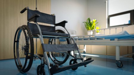 Foto de Una silla de ruedas junto a la cama en la habitación del hospital, 3d rendering - Imagen libre de derechos