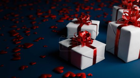 Photo for Copy space banner background with gift boxes surrounded by heart-shaped decorations, 3d rendering - Royalty Free Image