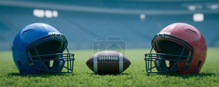 Photo for The background of red and blue football helmets facing each other ahead of the match, 3d rendering - Royalty Free Image