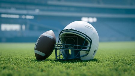 Téléchargez les photos : Le fond d'un casque de football blanc sur la pelouse du stade, rendu 3d - en image libre de droit
