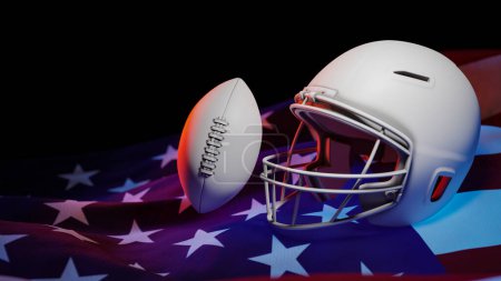 Foto de Casco de fútbol americano blanco con la bandera americana detrás de él, representación 3d - Imagen libre de derechos