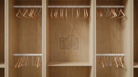 Photo for Several empty hangers hanging in the empty closet for organizing the closet, 3d rendering - Royalty Free Image