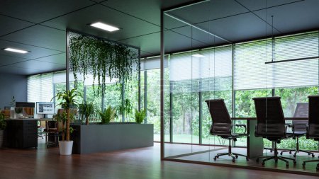 Téléchargez les photos : Un design intérieur moderne et minimaliste dans le bureau avec vue sur la forêt à l'extérieur de la fenêtre, rendu 3d - en image libre de droit