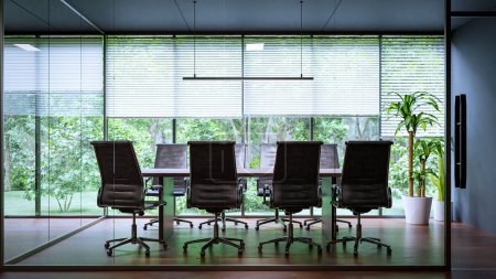 Foto de Una sala de conferencias oficina de negocios con una gran ventana vista del bosque, 3d rendering - Imagen libre de derechos