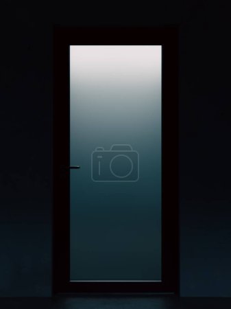 Téléchargez les photos : Une atmosphère sombre avec des lumières à l'extérieur de la porte en verre opaque., rendu 3d - en image libre de droit