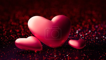 Photo for Three red heart shapes made of metal with shiny background, 3d rendering - Royalty Free Image