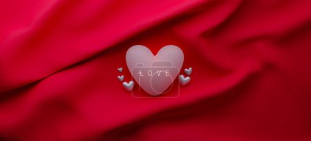 Téléchargez les photos : Fond romantique avec des formes de coeur sur tissu rouge doux, rendu 3d - en image libre de droit