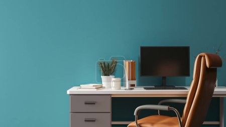 Foto de Copiar el espacio de fondo con escritorio de oficina para publicar avisos de contratación de empleados, renderizado 3d - Imagen libre de derechos