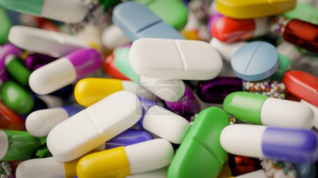 Foto de Varios tipos de pastillas se apilan, 3d representación - Imagen libre de derechos