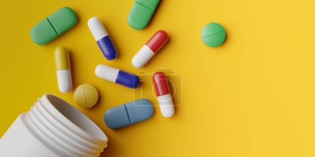 Photo for Background with various pills pouring out of a medicine cabinet, 3d rendering - Royalty Free Image