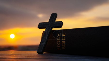 Photo for Concept background with cross and bible for prayer on sunset background,3d rendering - Royalty Free Image