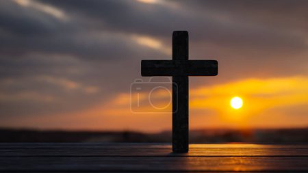 Foto de Concepto de fondo con cruz para la oración en el fondo de la puesta del sol, 3d representación - Imagen libre de derechos