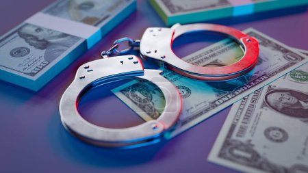 Foto de Fondo concepto de delincuencia financiera con billetes de dólar y esposas, 3d renderizado - Imagen libre de derechos