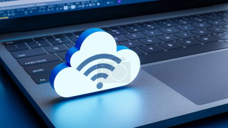 Téléchargez les photos : Le concept d'utilisation d'un service cloud avec une icône de serveur cloud flottant à côté d'une personne travaillant sur un ordinateur portable., rendu 3d - en image libre de droit