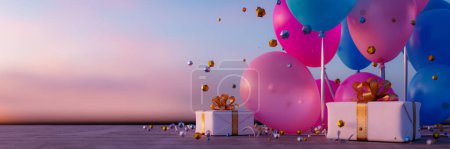 Téléchargez les photos : Ballons romantiques et boîtes-cadeaux dans le contexte du coucher du soleil.3d rendu - en image libre de droit