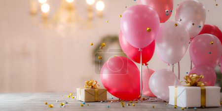 Téléchargez les photos : Fond de célébration avec des ballons rose vif et des boîtes-cadeaux. rendu 3d - en image libre de droit