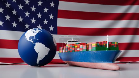 Téléchargez les photos : Import and Export Cargo Ships and America's Economic Background. Rendu 3d - en image libre de droit