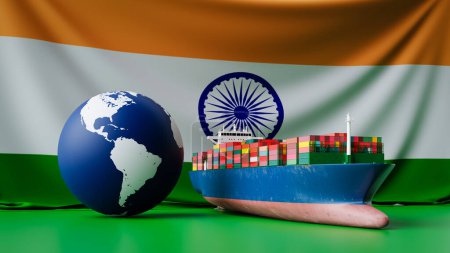 Téléchargez les photos : Import and Export Cargo Ships and India's Economic Background. Rendu 3d - en image libre de droit