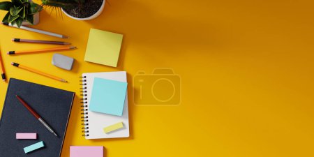 Foto de Copiar el espacio de fondo con los elementos de estudio en un escritorio amarillo.3d renderizado - Imagen libre de derechos