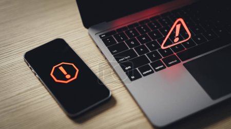 Konzepte, die vor Hackerverbrechen warnen, die über Mobiltelefone und Computer begangen werden. 3D-Darstellung