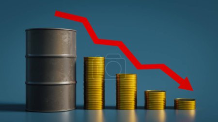 Foto de Caída del precio del petróleo y barriles de petróleo y renderizado chart.3d - Imagen libre de derechos