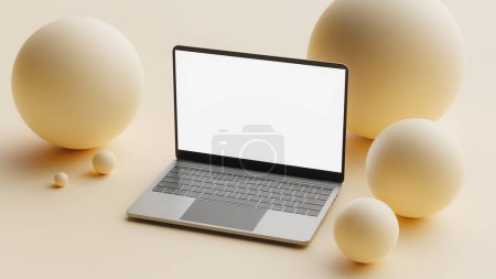 Téléchargez les photos : Page d'accueil maquette avec ordinateur portable sur fond abstrait minimaliste. Rendu 3d - en image libre de droit