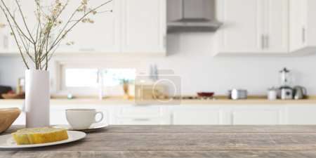 Foto de Fondo interior de la cocina blanca con foco en la mesa de madera de la cocina y fondo borroso. renderizado 3d - Imagen libre de derechos