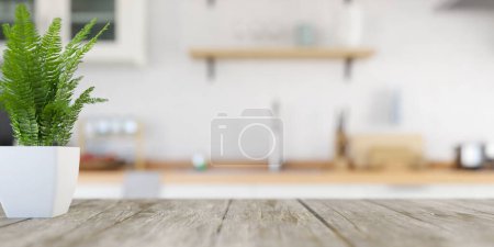 Foto de Fondo interior de la cocina blanca con foco en la mesa de madera de la cocina y fondo borroso. renderizado 3d - Imagen libre de derechos