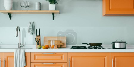 Photo for Modern kitchen design combining orange and blue.3d rendering - Royalty Free Image