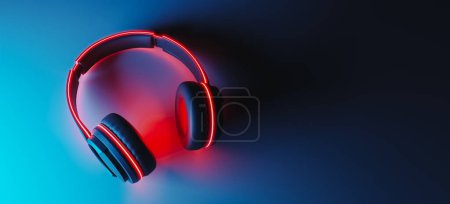 Photo for Headphones that play music that glows with intense neon light.3d rendering - Royalty Free Image