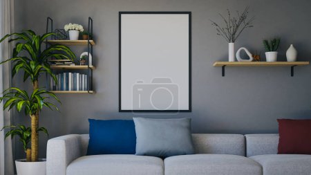 A0 size poster frame mockup in the living room.3D rendering
