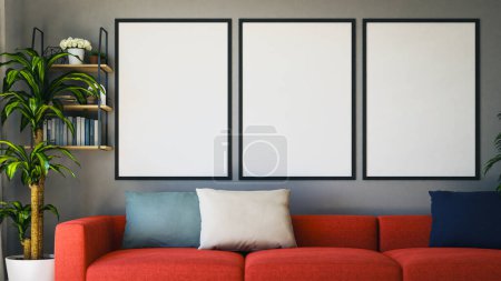 Three A0 size poster frame mockups in the living room. 3d rendering